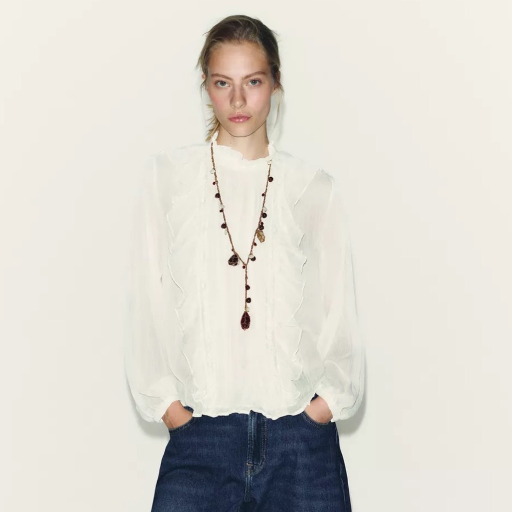 Zara NWT cotton romantic gauze top with ruffle and lace trim 5029/200